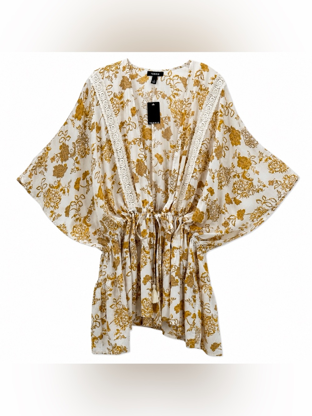 Chico’s Boho Floral Kimono Top Cream Gold Lace Trim Tie Waist Flowy Blouse Sz 2 - Picture 2 of 14